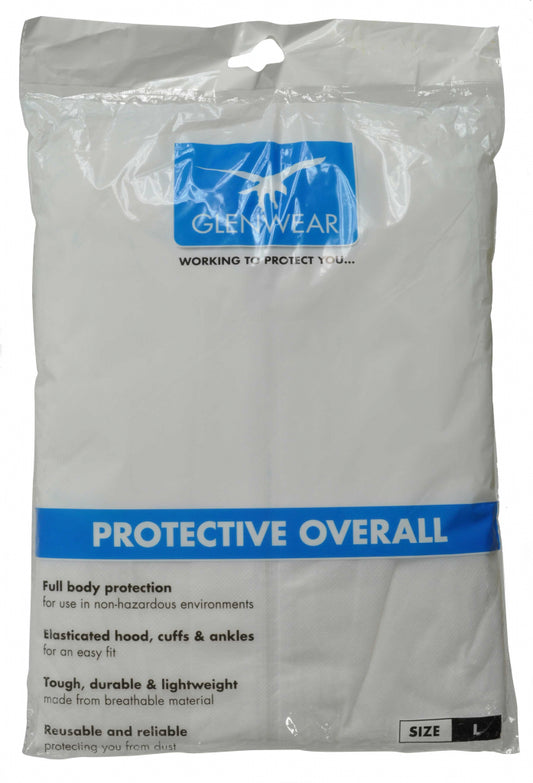 Packaged protective overall with Glenview logo and text on a white background