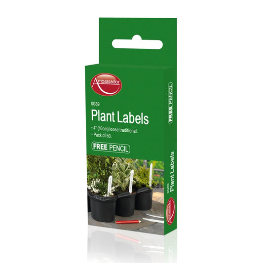 Packaging of Ambassador plant labels with a free pencil on a white background