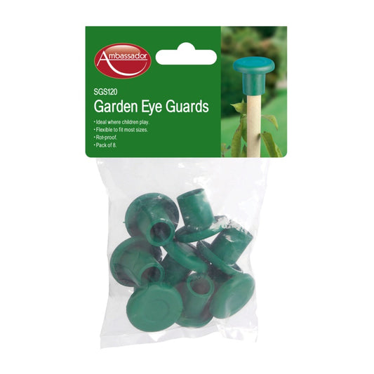 Pack of green garden eye guards with Ambassador branding on a white background