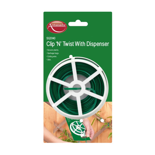 Packaging of a 'Clip 'N' Twist With Dispenser' product by Ambassador on a white background.