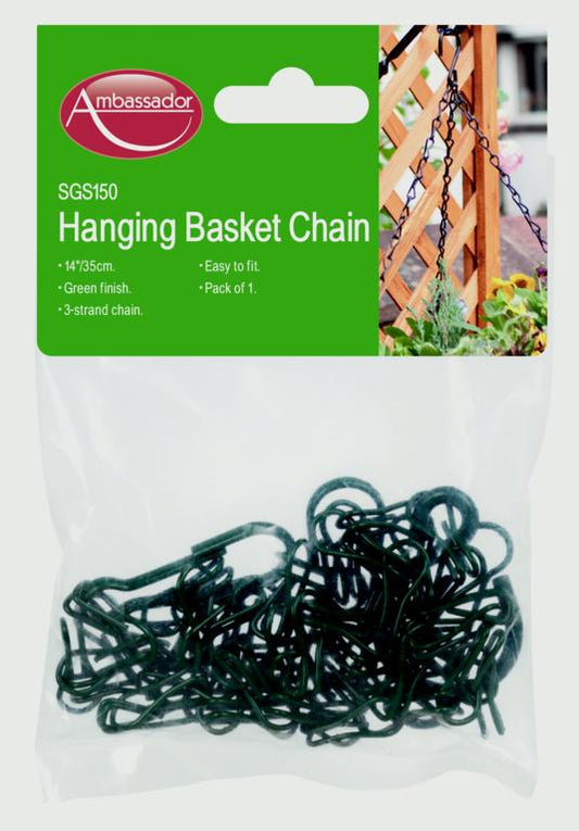 Hanging basket chain packaging with green label on a white background