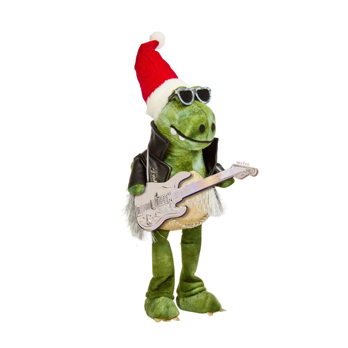 Plush toy lizard wearing a Santa hat, sunglasses, and a leather jacket holding a guitar on a white background