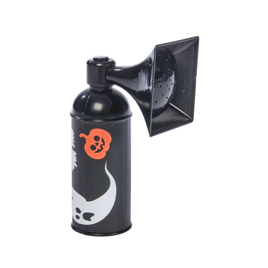A novelty black can-shaped speaker with a vintage gramophone horn attached, featuring a white ghost and orange skull graphic on the side, set against a plain white background.