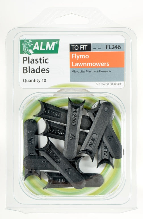 Pack of ALM plastic blades for Flymo lawnmowers with clear packaging.