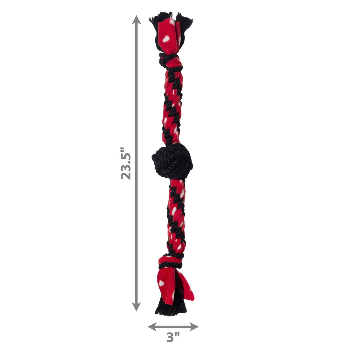 Red and black braided dog toy with measurements on a white background