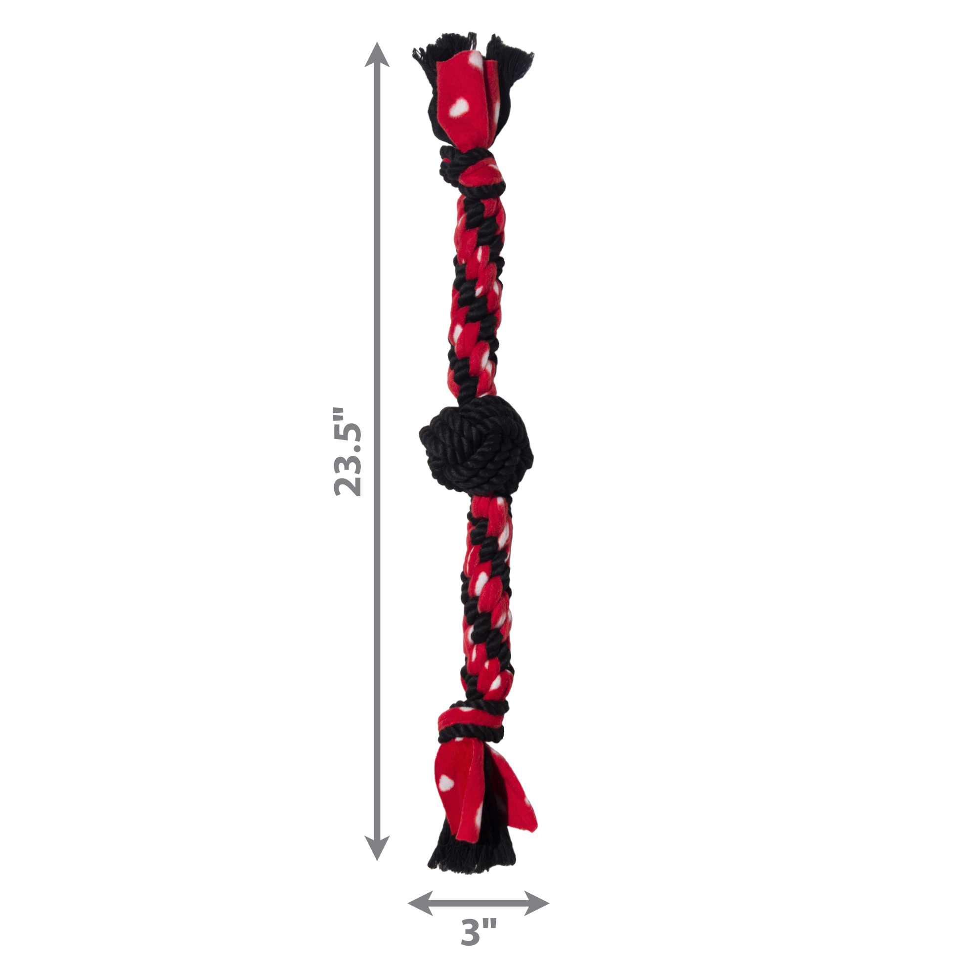 Red and black braided dog toy with measurements on a white background