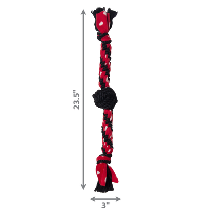 Red and black braided dog toy with measurements on a white background