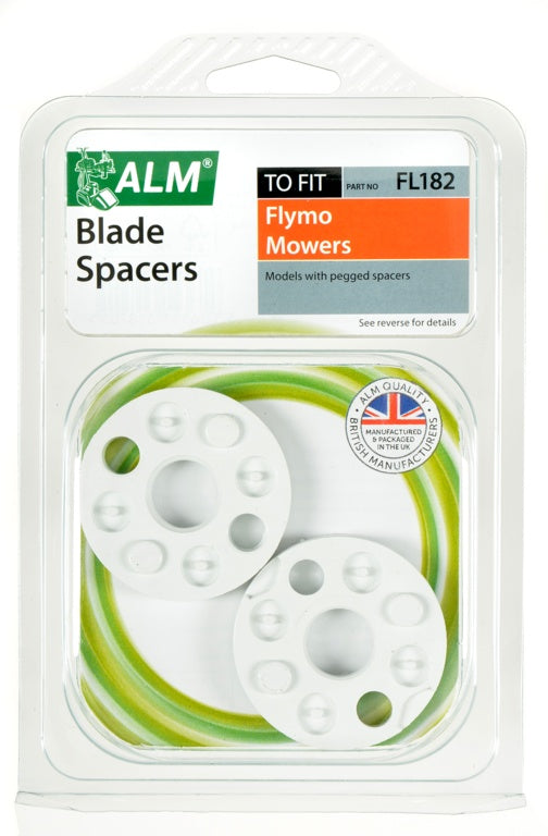 Packaged blade spacers for Flymo mowers with ALM branding.