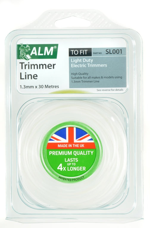 Packaged ALM trimmer line with British flag label on a white background