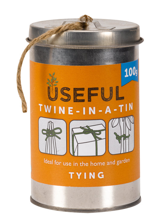 Metal tin labeled 'Useful Twine-in-a-Tin' with orange label and illustrations on a white background