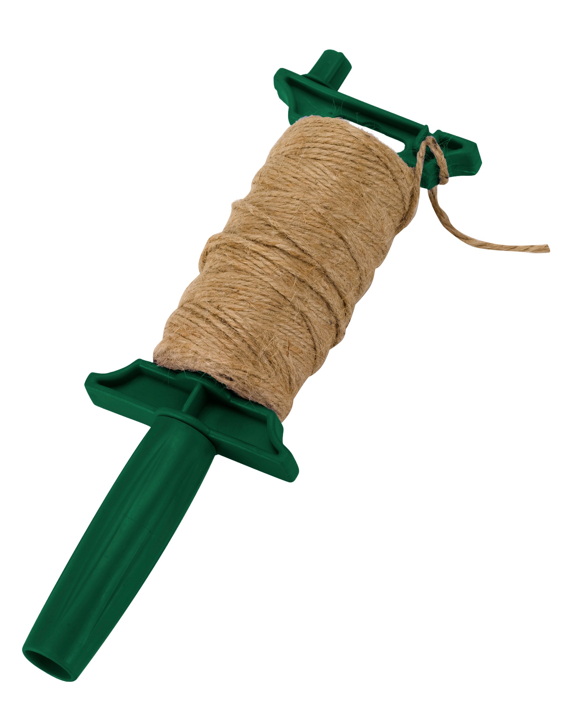 Green twine holder with brown twine on a white background