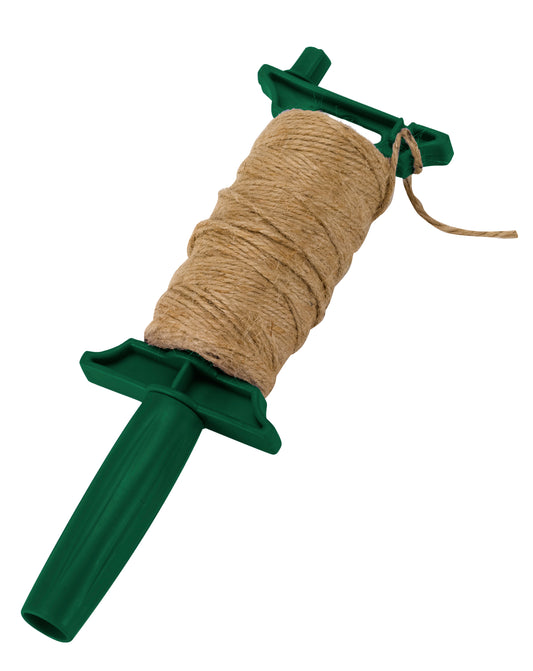 Green twine holder with brown twine on a white background