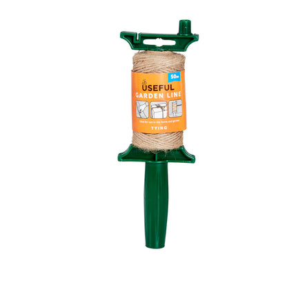 Green line dispenser with a spool of twine on a white background