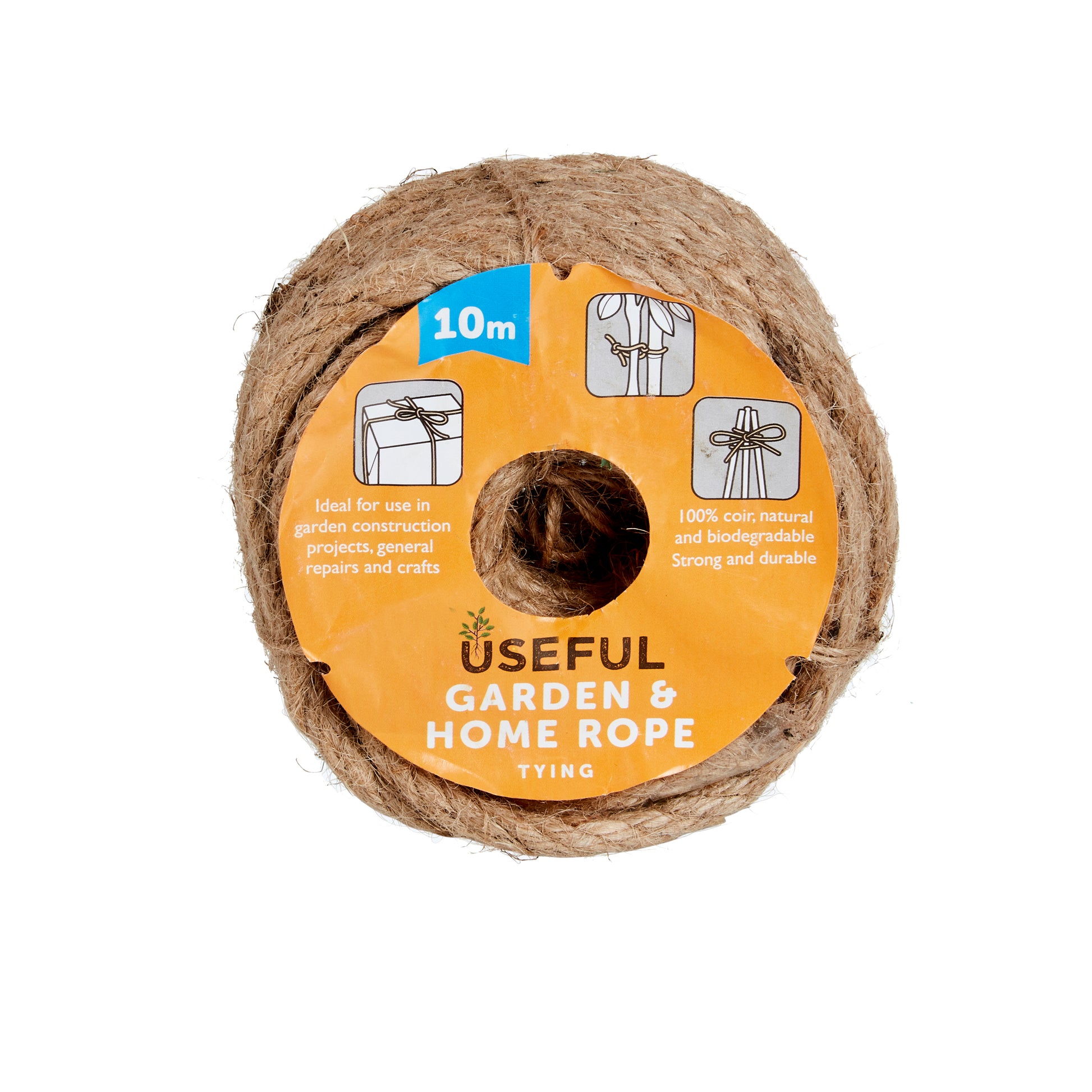 Roll of garden and home rope with a yellow label on a white background