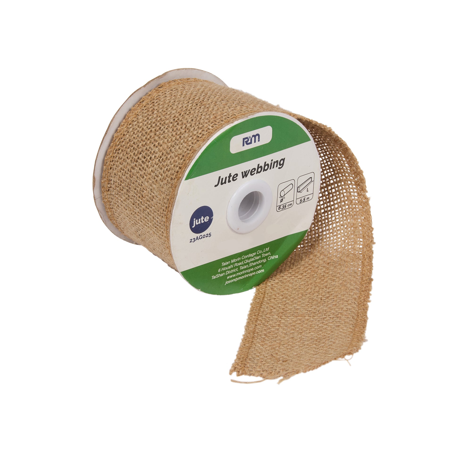Spool of jute webbing with a visible brand label on a white background