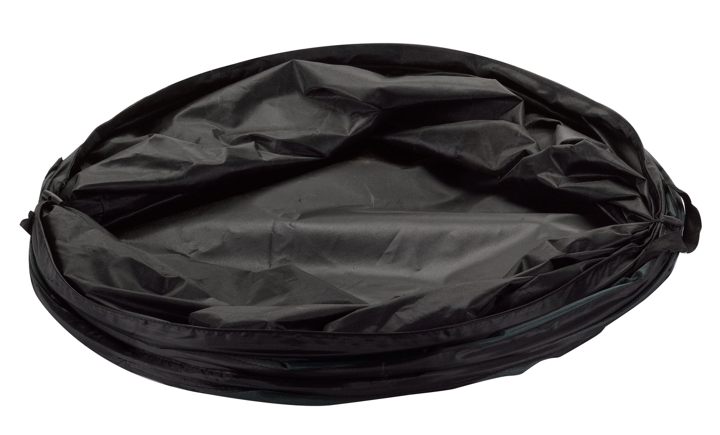 Black round drawstring bag on a white background