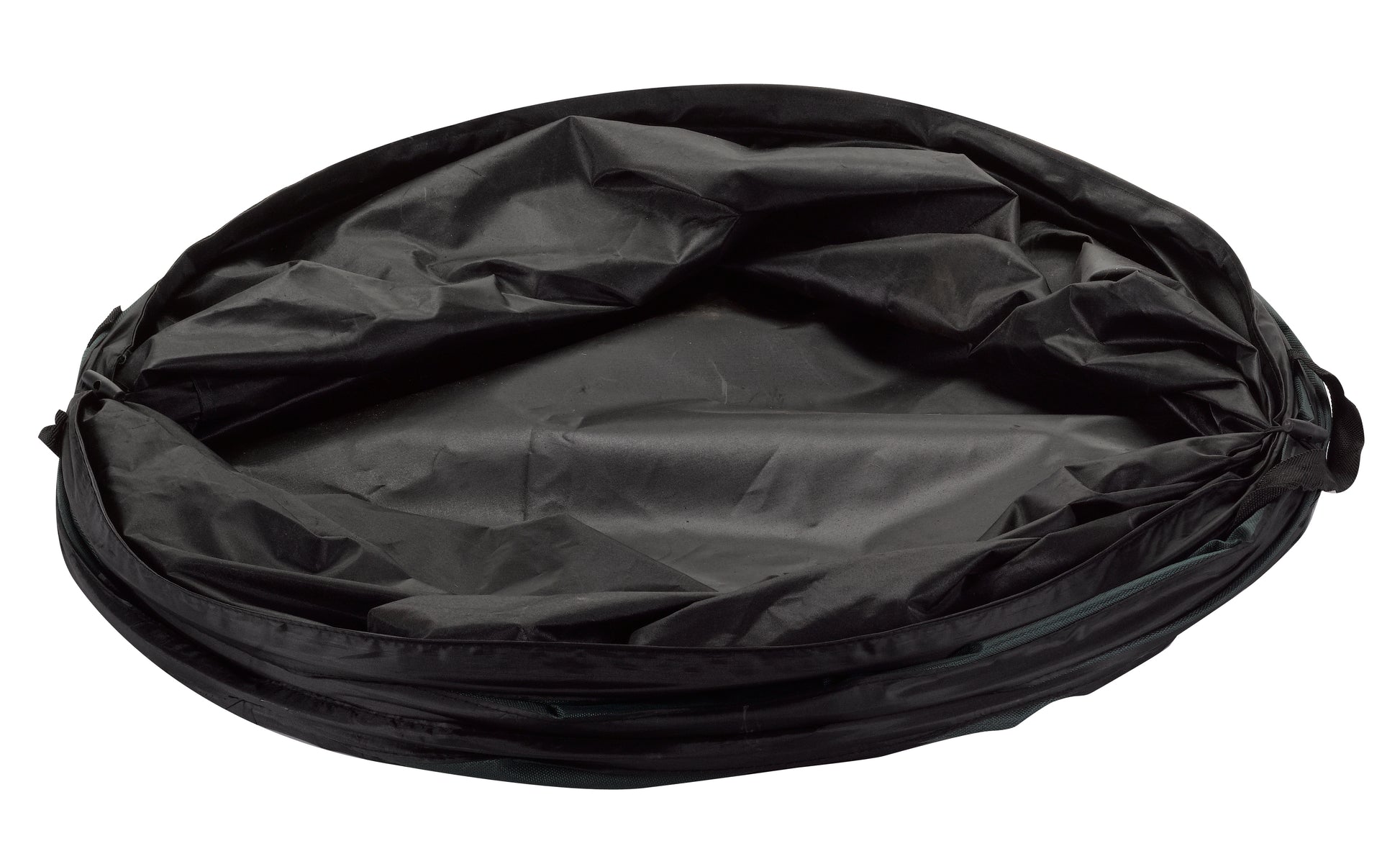 Black round drawstring bag on a white background