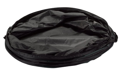 Black round drawstring bag on a white background