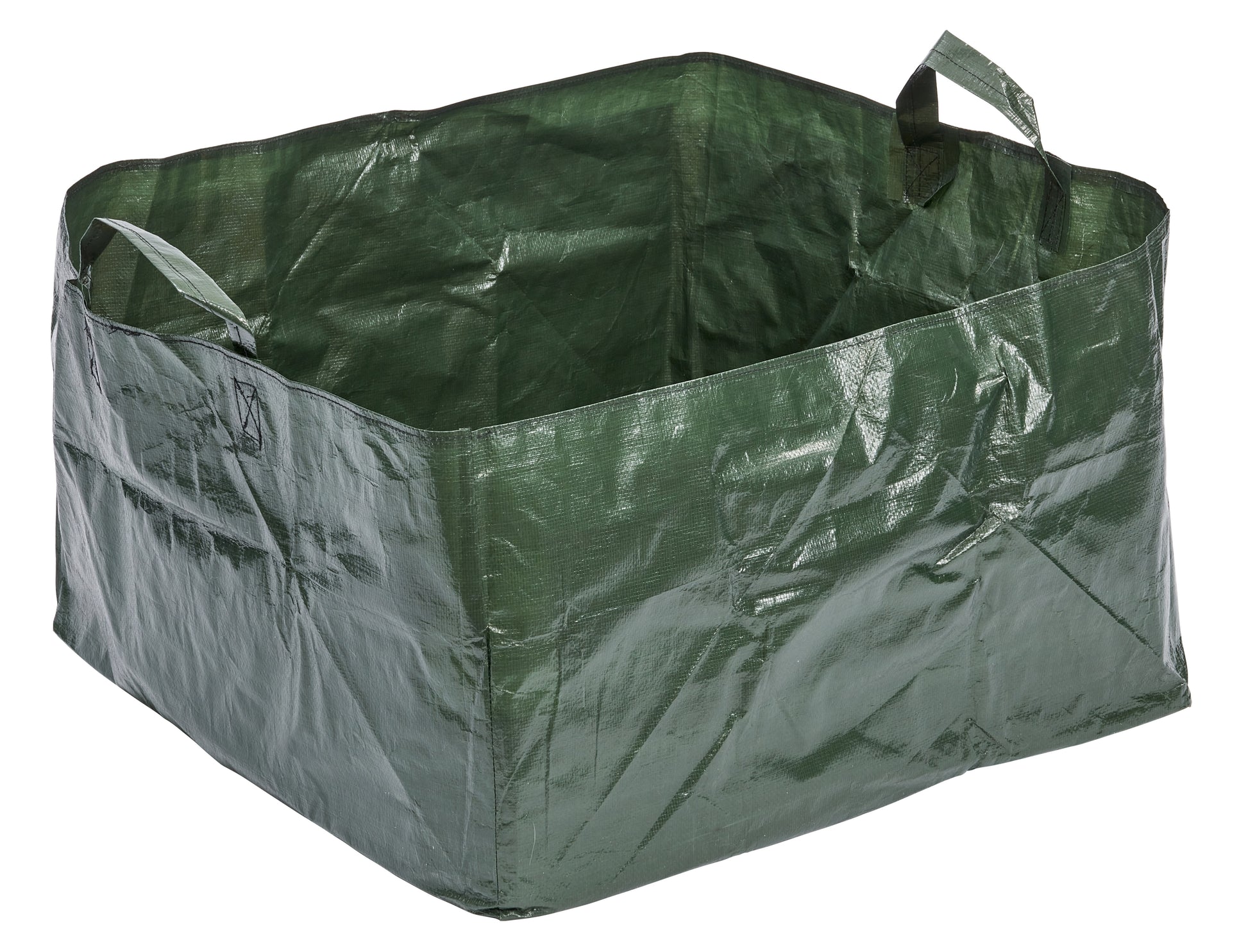 Green plastic bin with handles on a white background