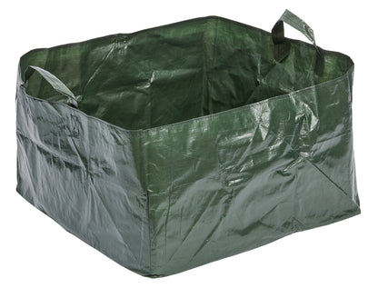 Green plastic bin with handles on a white background