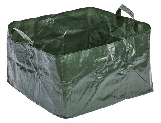 Green plastic bin with handles on a white background