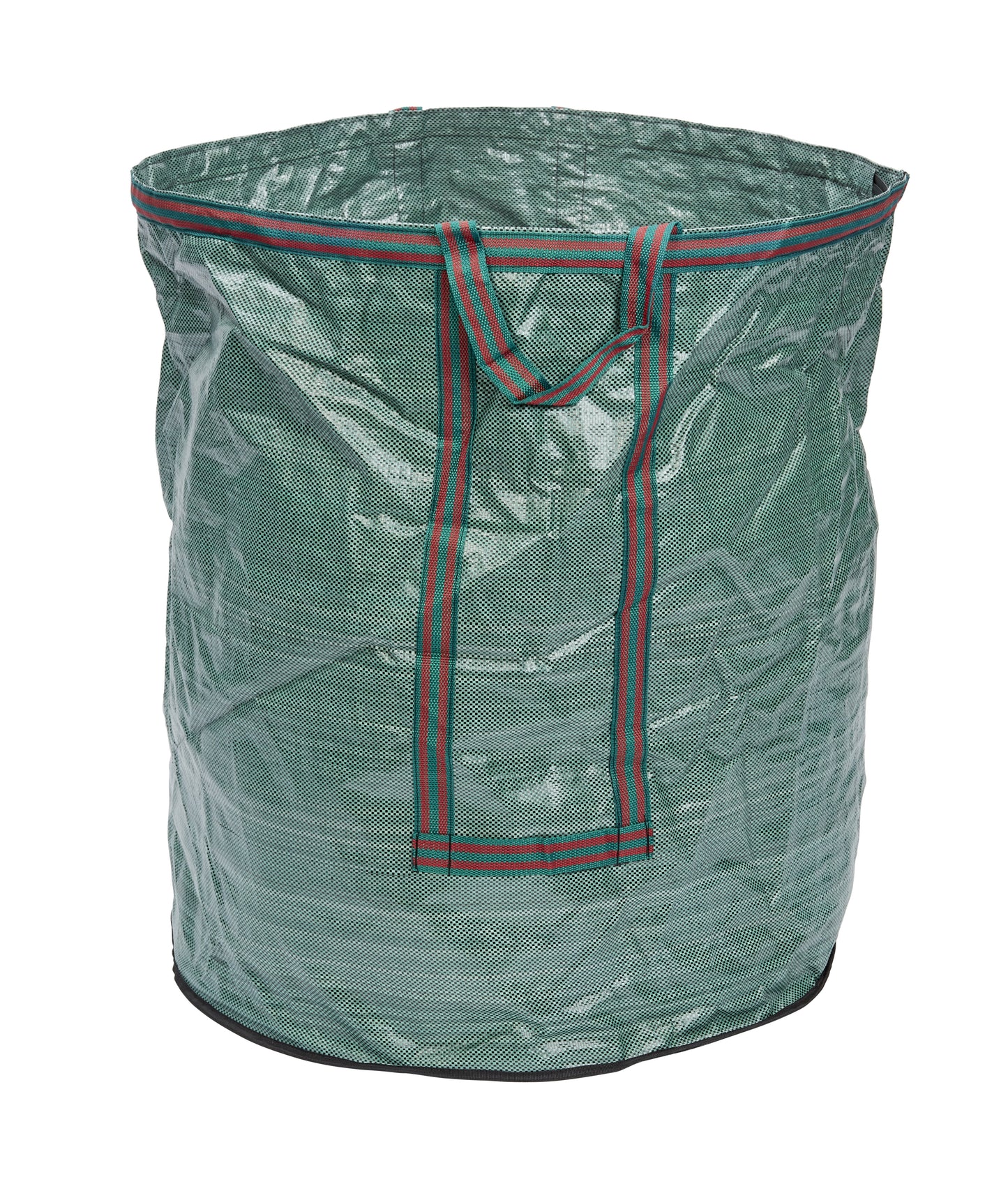 Green garden waste bag with red straps on a white background