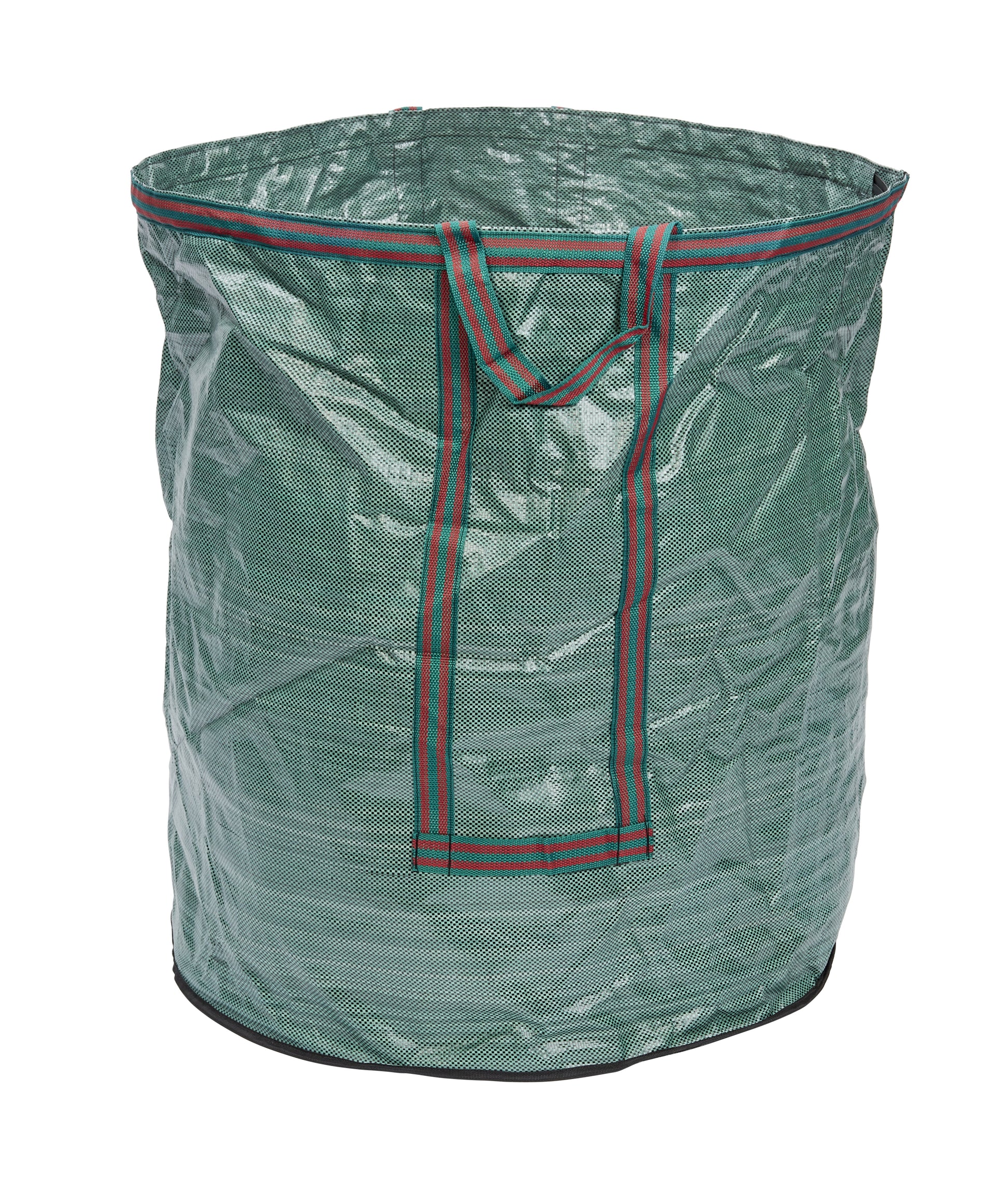 Green garden waste bag with red straps on a white background