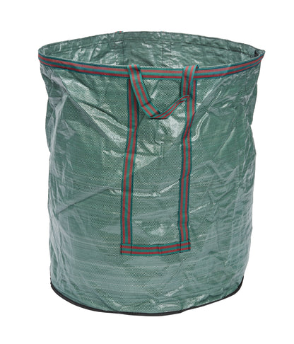 Green garden waste bag with red straps on a white background