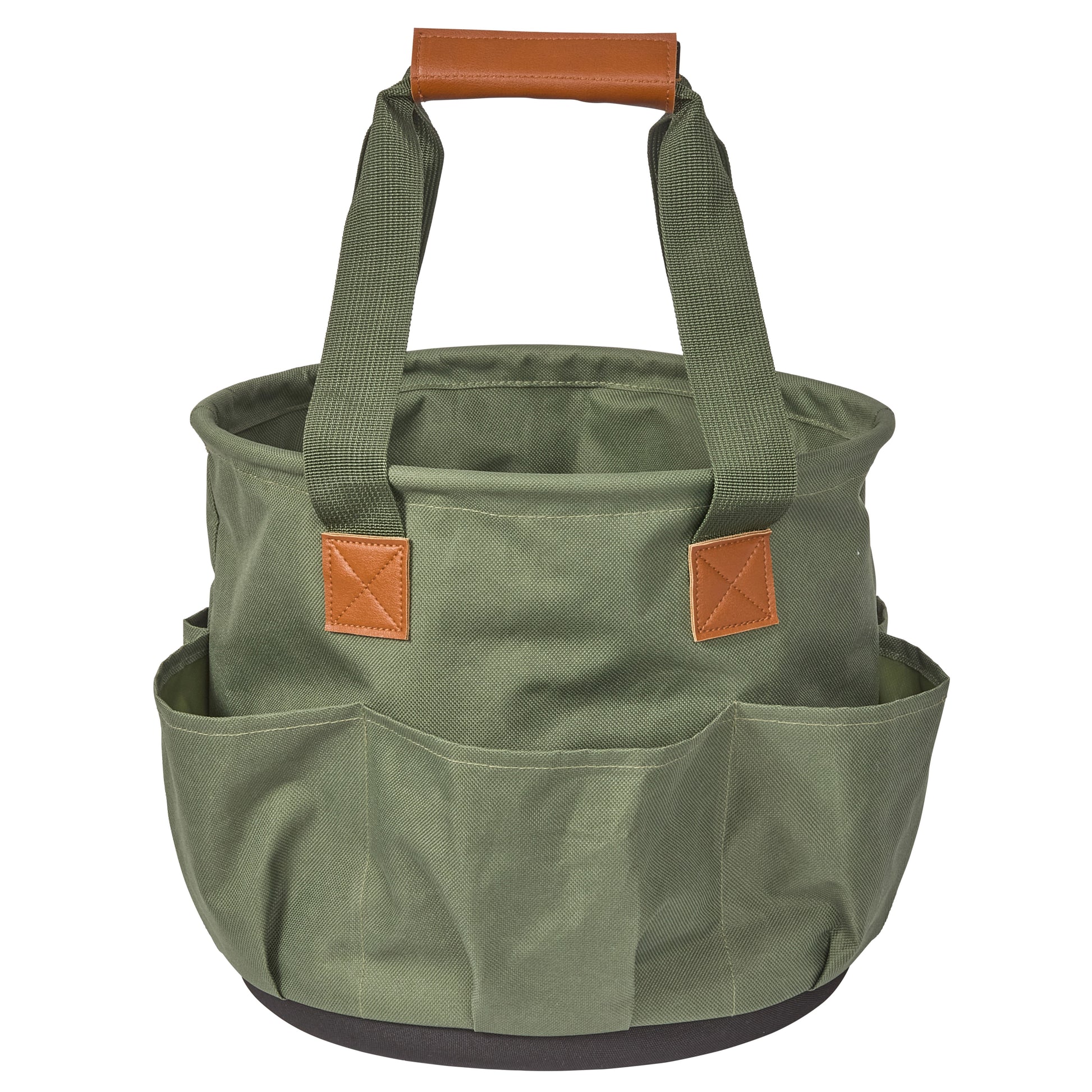 Green garden tote bag with brown handles and patches on a white background