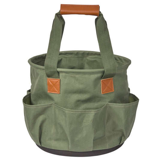 Green garden tote bag with brown handles and patches on a white background