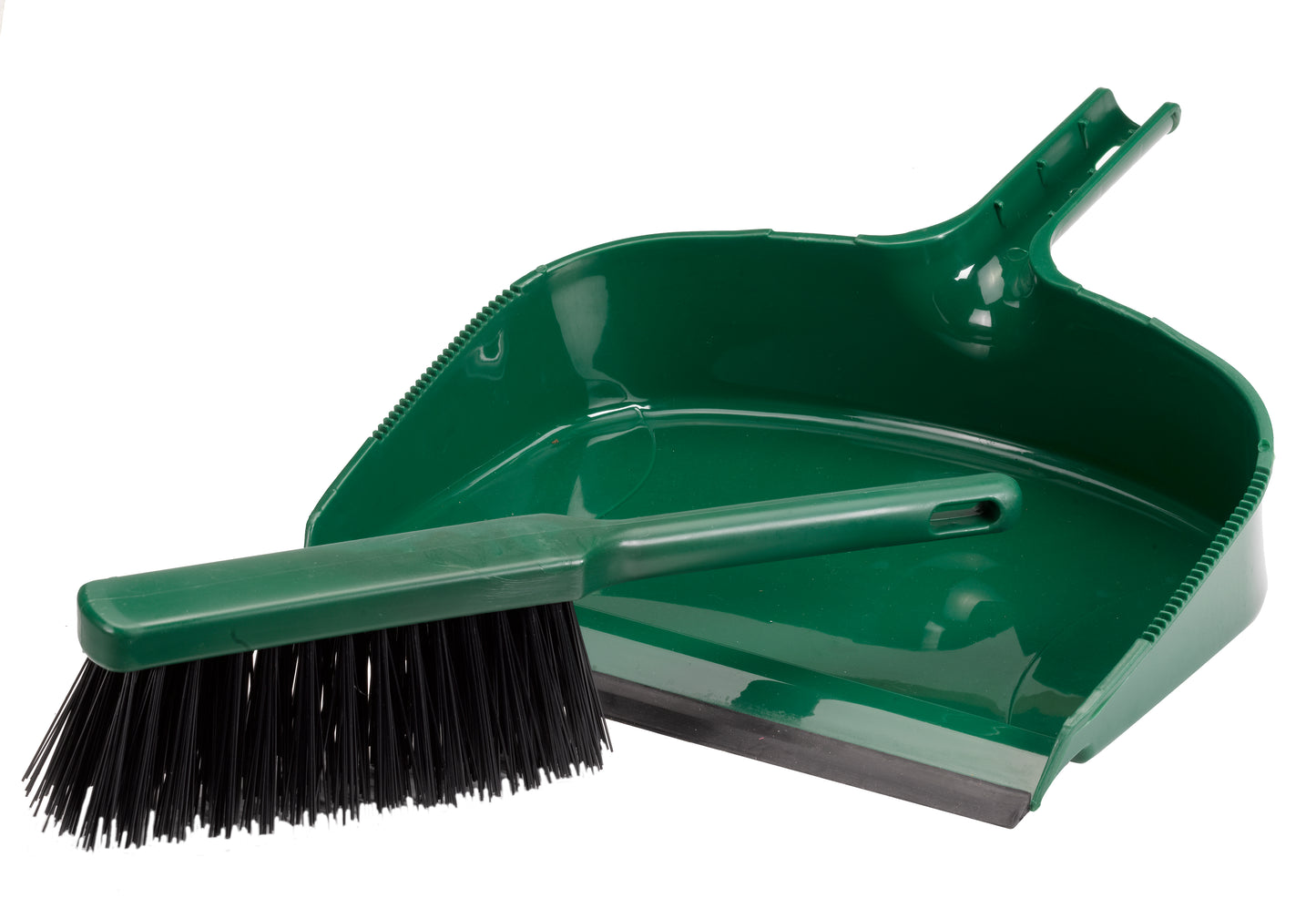 Green dustpan and brush set on a white background