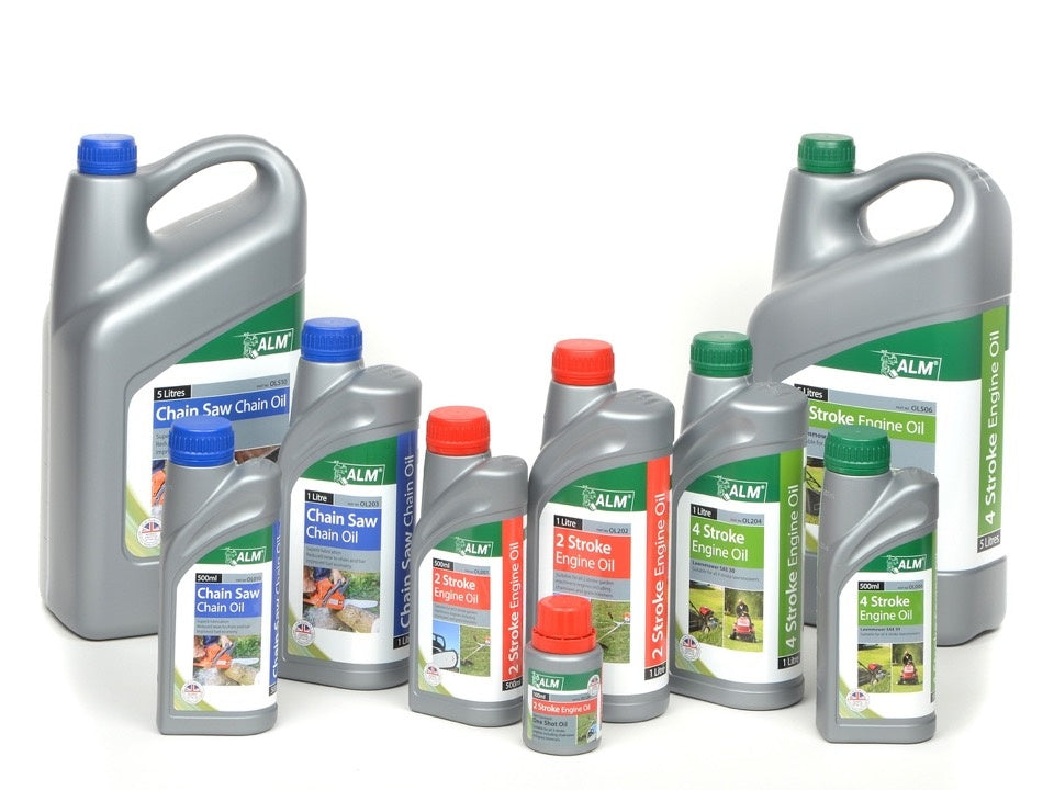 ALM chain saw oil 5 litre, 1 litre, 500ml | 2 stroke engine oil | 4 stroke engine oil collection | UK garden machinery fluids