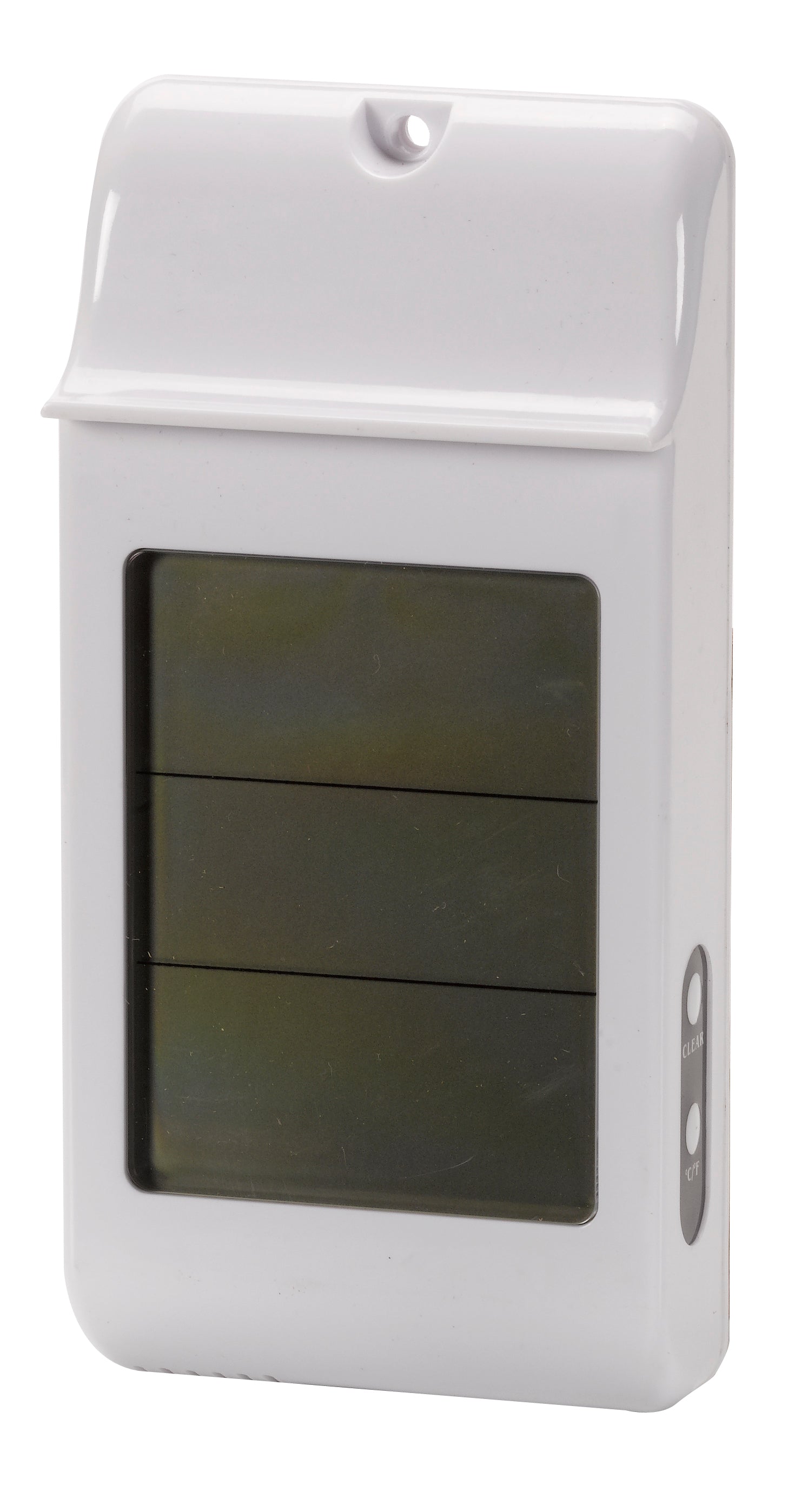 White electronic device with a dark rectangular panel on a white background