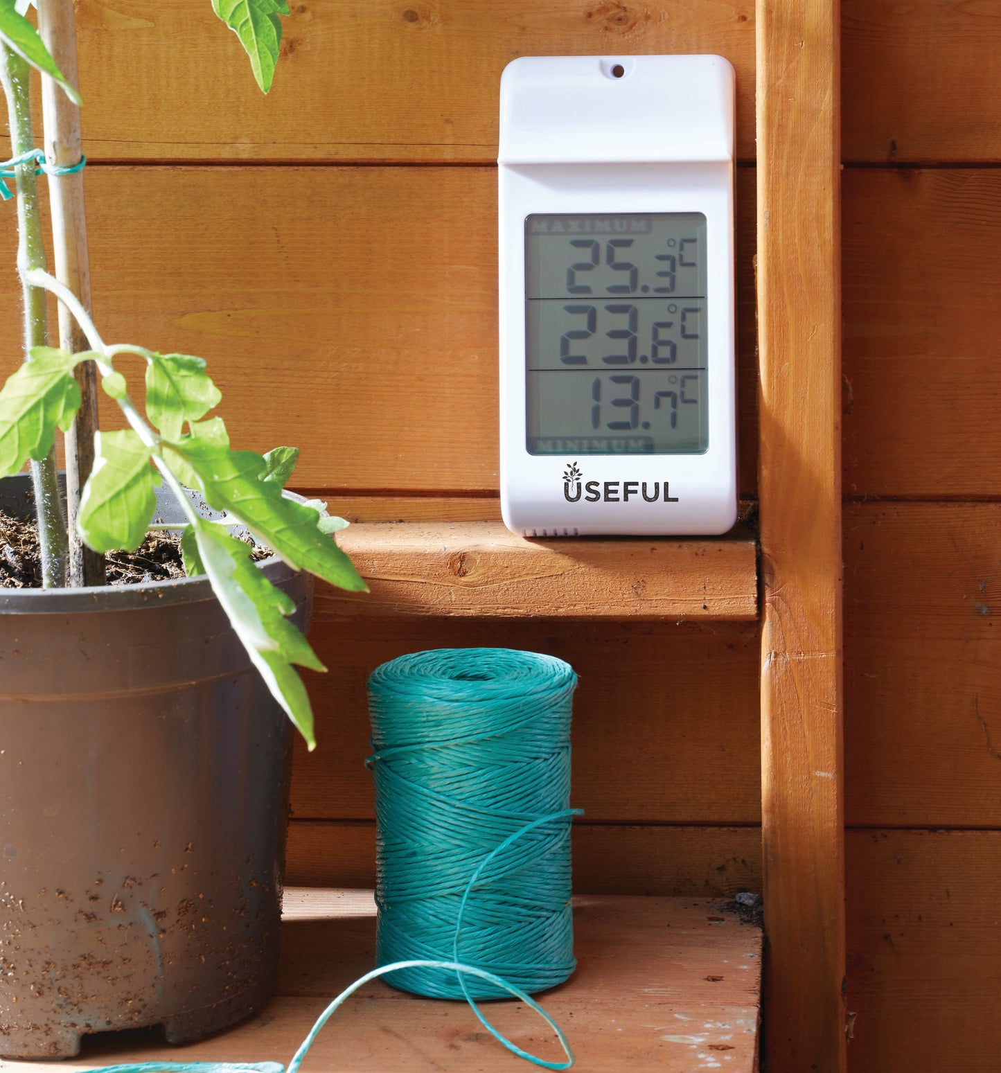 Digital thermometer on a wooden surface with a plant and spool of twine