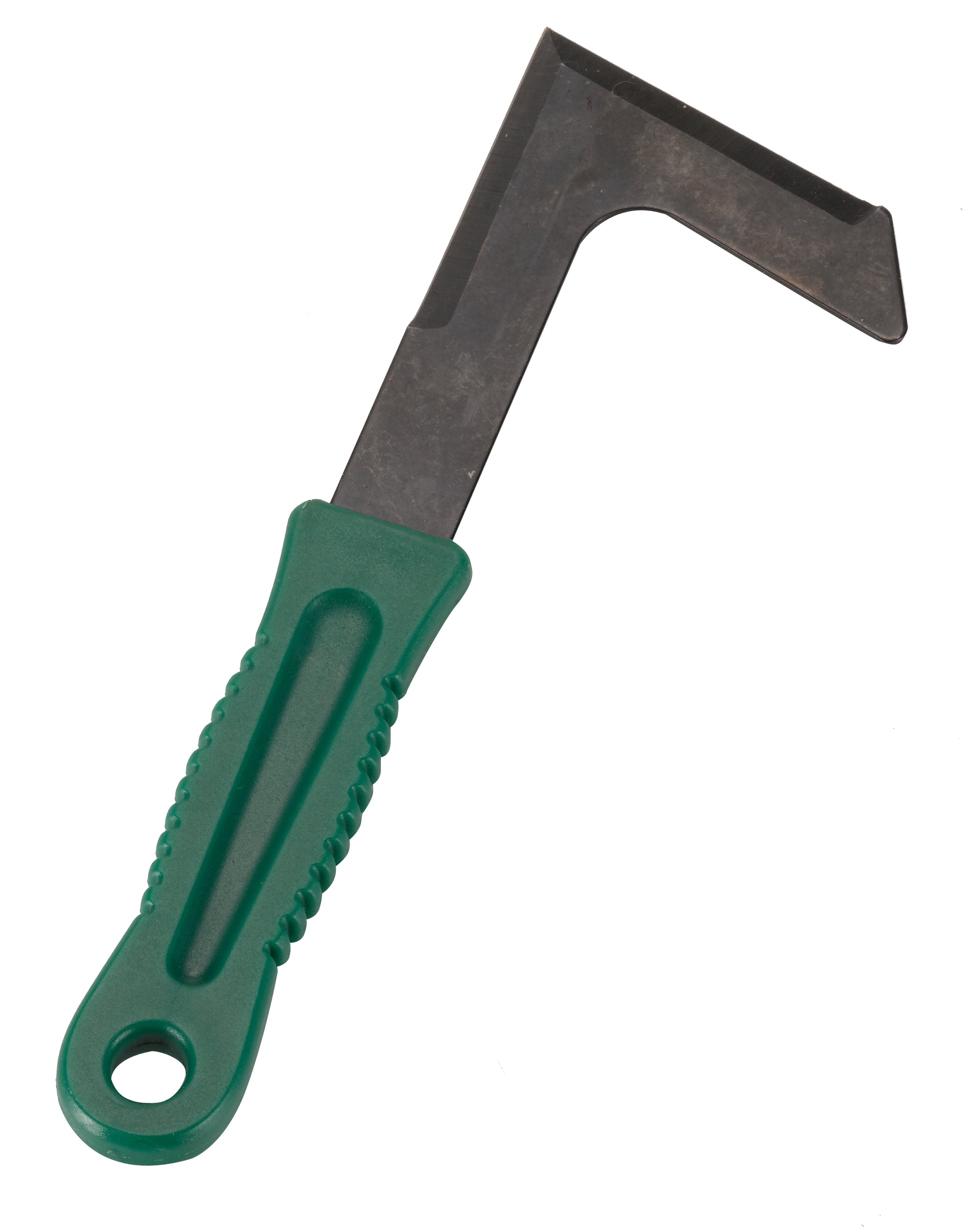 Metal hook tool with green handle on a white background