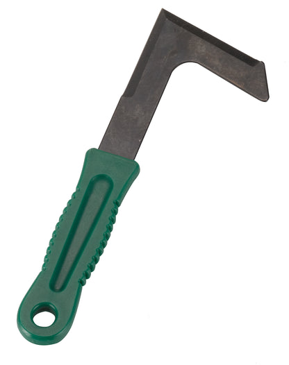 Metal hook tool with green handle on a white background