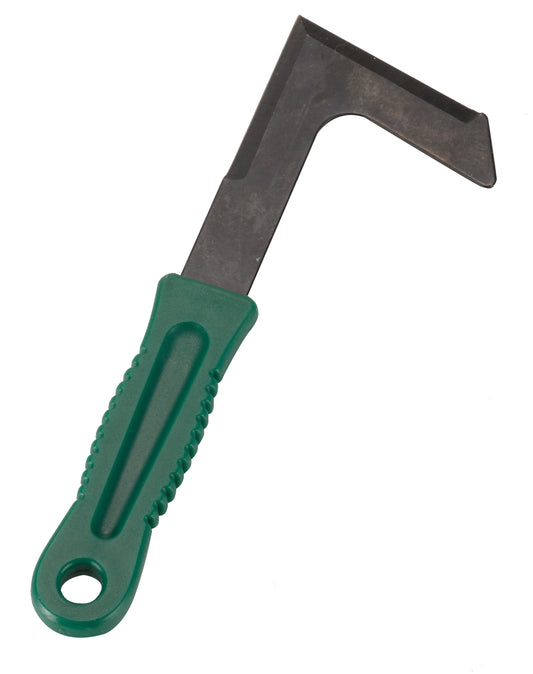 Metal hook tool with green handle on a white background