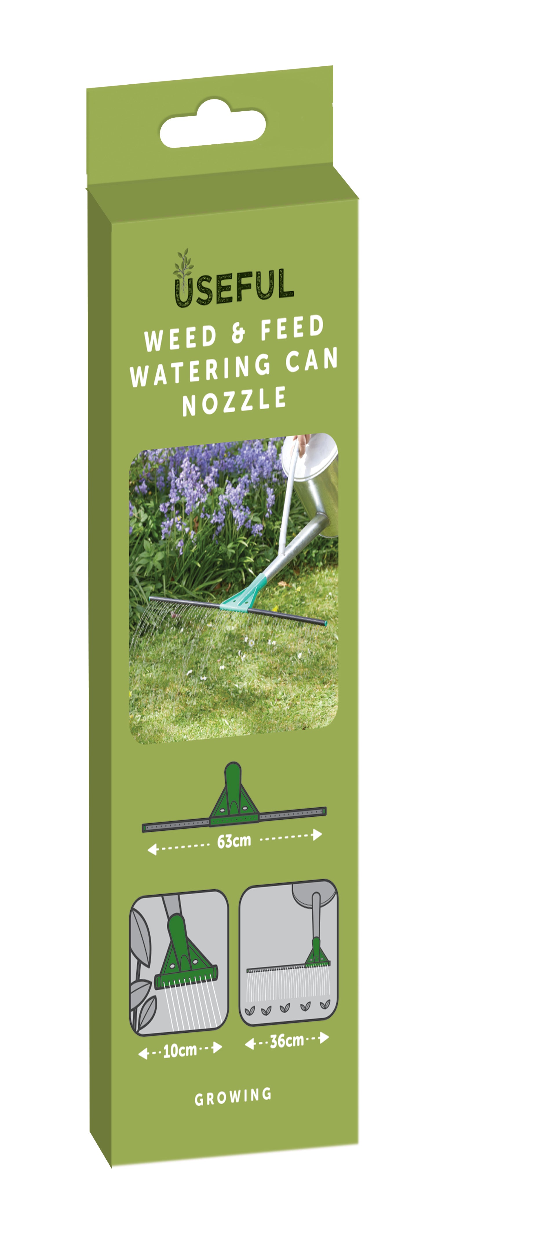 Green packaging of a weed and feed watering can nozzle with images and text on a white background