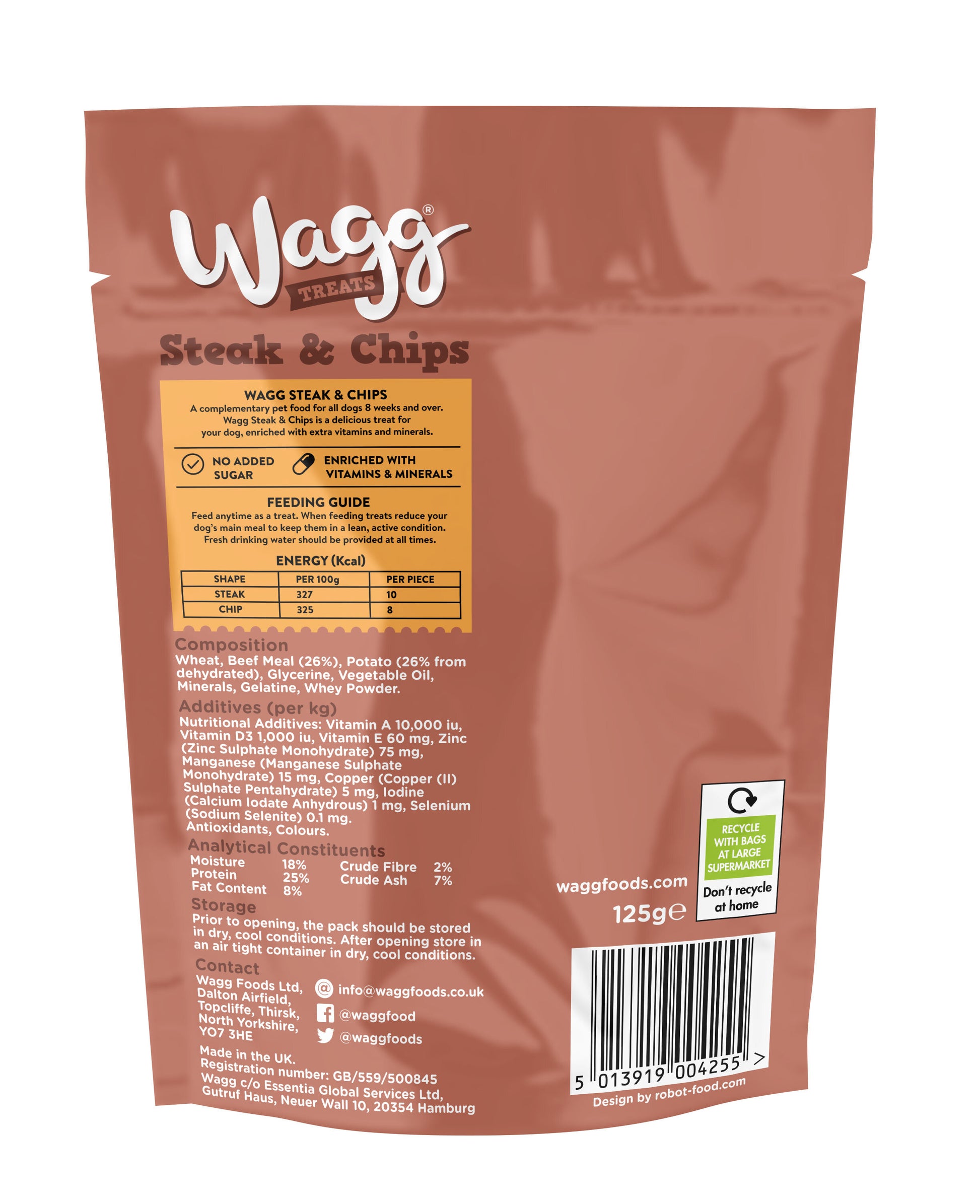 Wagg Treats Steak & Chips 125g on a white background