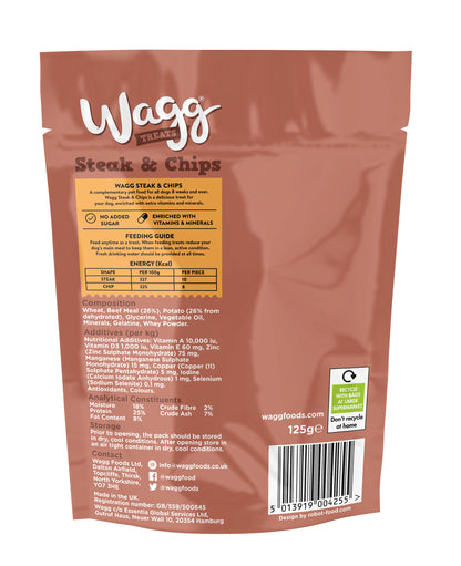Wagg Treats Steak & Chips 125g on a white background