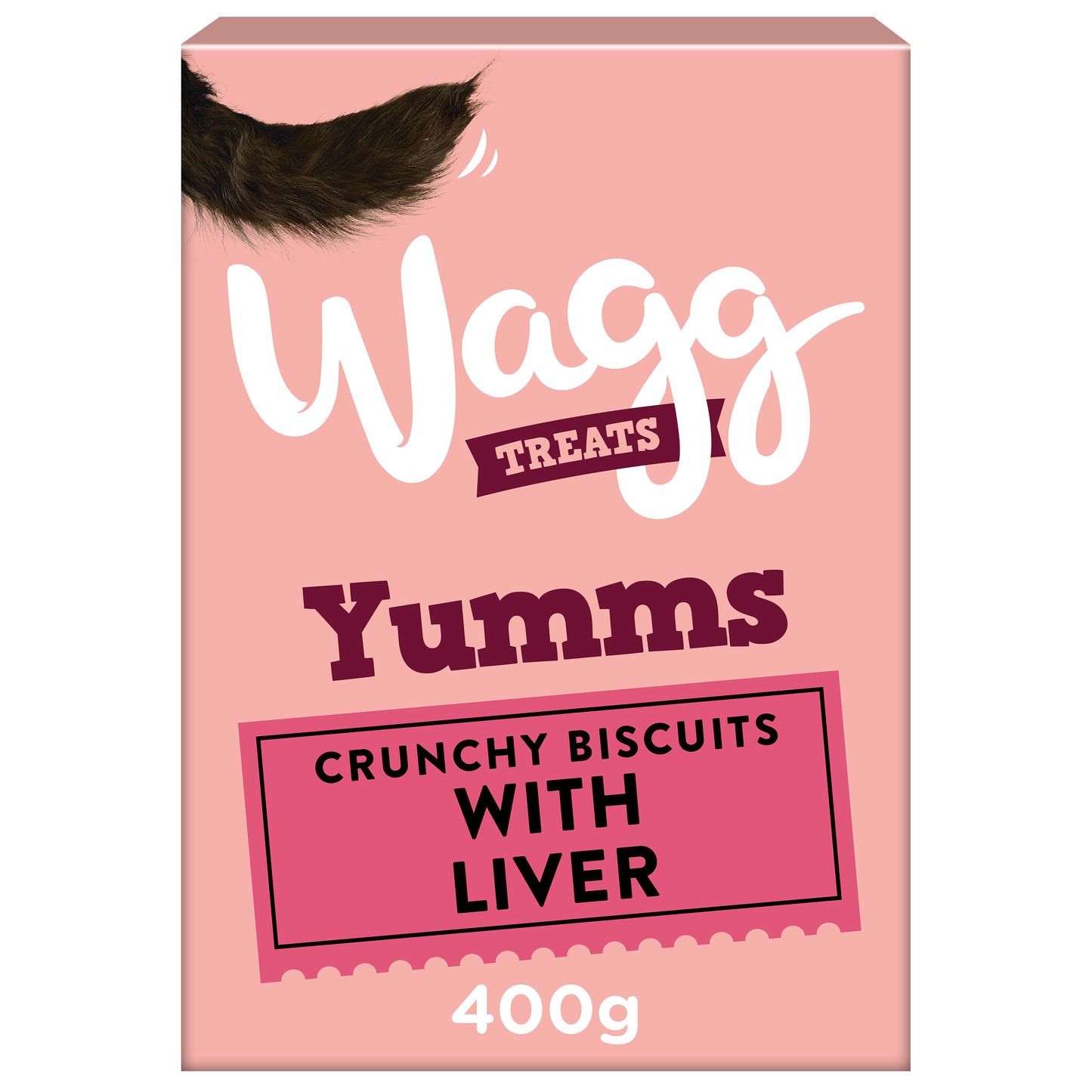 Box of Wagg Yumms Crunchy Biscuits with Liver on a pink background