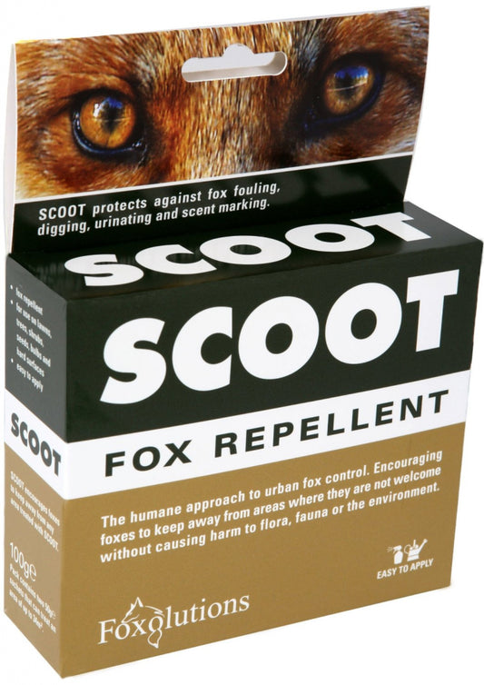 Box of Scoot Fox Repellent with a close-up of a fox's eyes on the packaging.