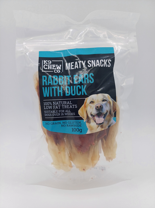 K9 Chew Co. Meaty Snacks Rabbit Ears with Duck 100g on a white background