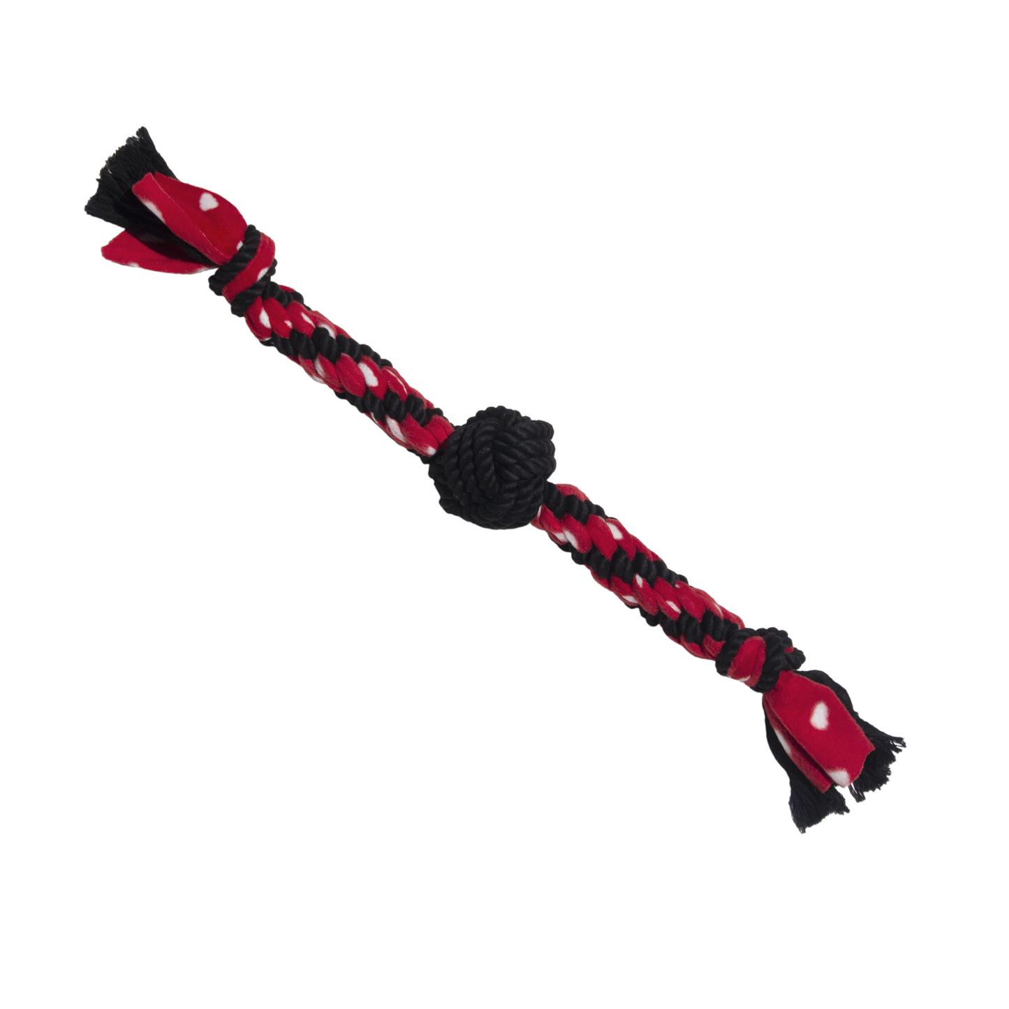 Red and black braided dog toy on a white background