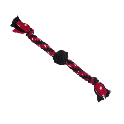 Red and black braided dog toy on a white background