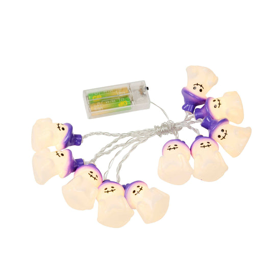 Halloween ghost string lights with a small battery pack, featuring glowing cream-colored ghosts with purple shadows and embroidered smiling faces.