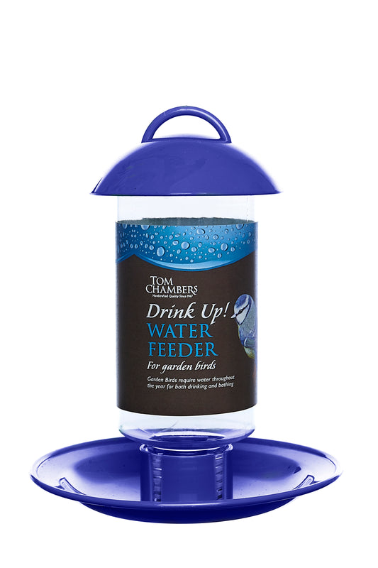 Blue and clear bird water feeder with a label on a white background