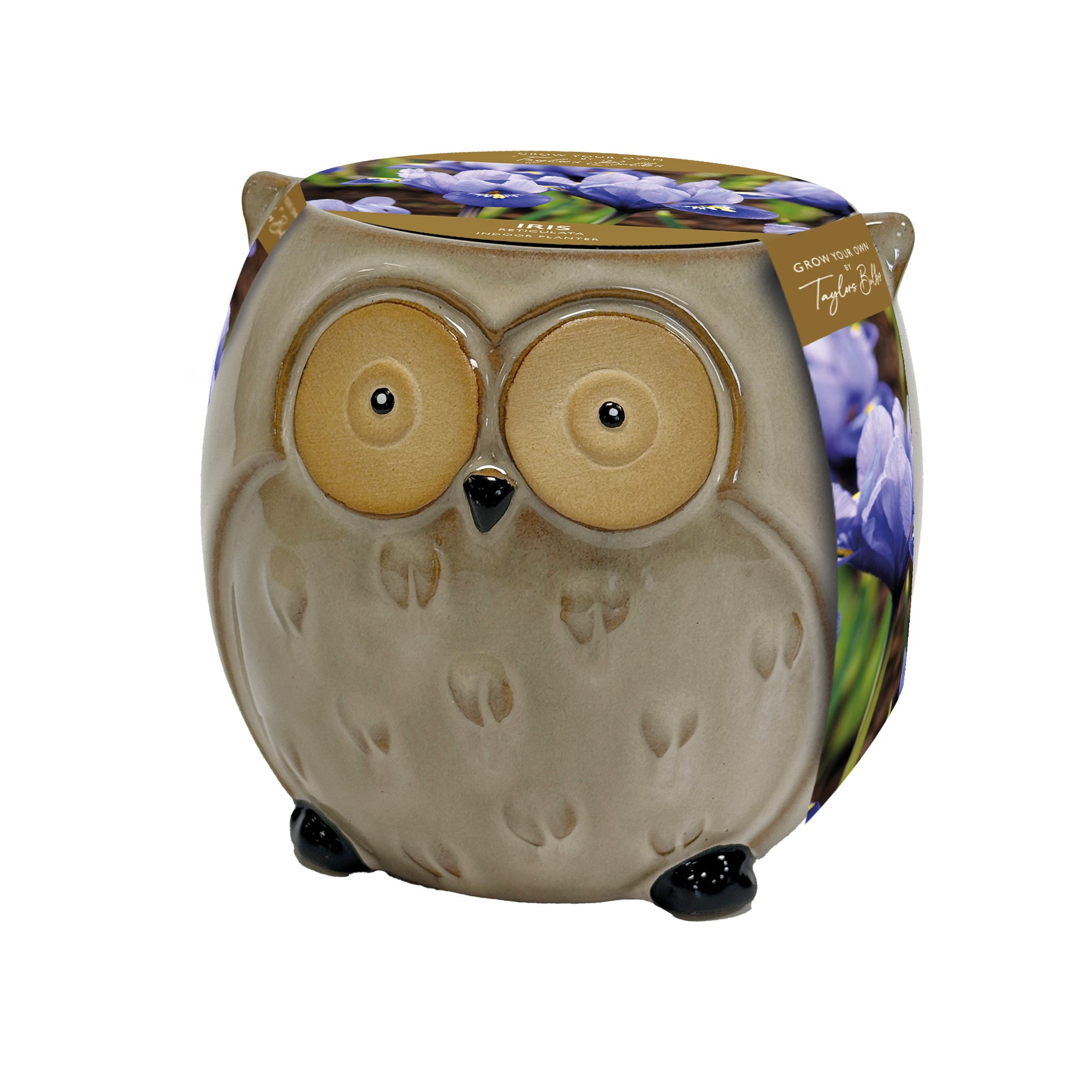 An owl-shaped ceramic container or planter with a beige-gray body, large tan eyes, black feet and beak, and a floral lid featuring purple flowers. A small tag on the side reads 'Garden Lilies' and 'Tiffany & Co.