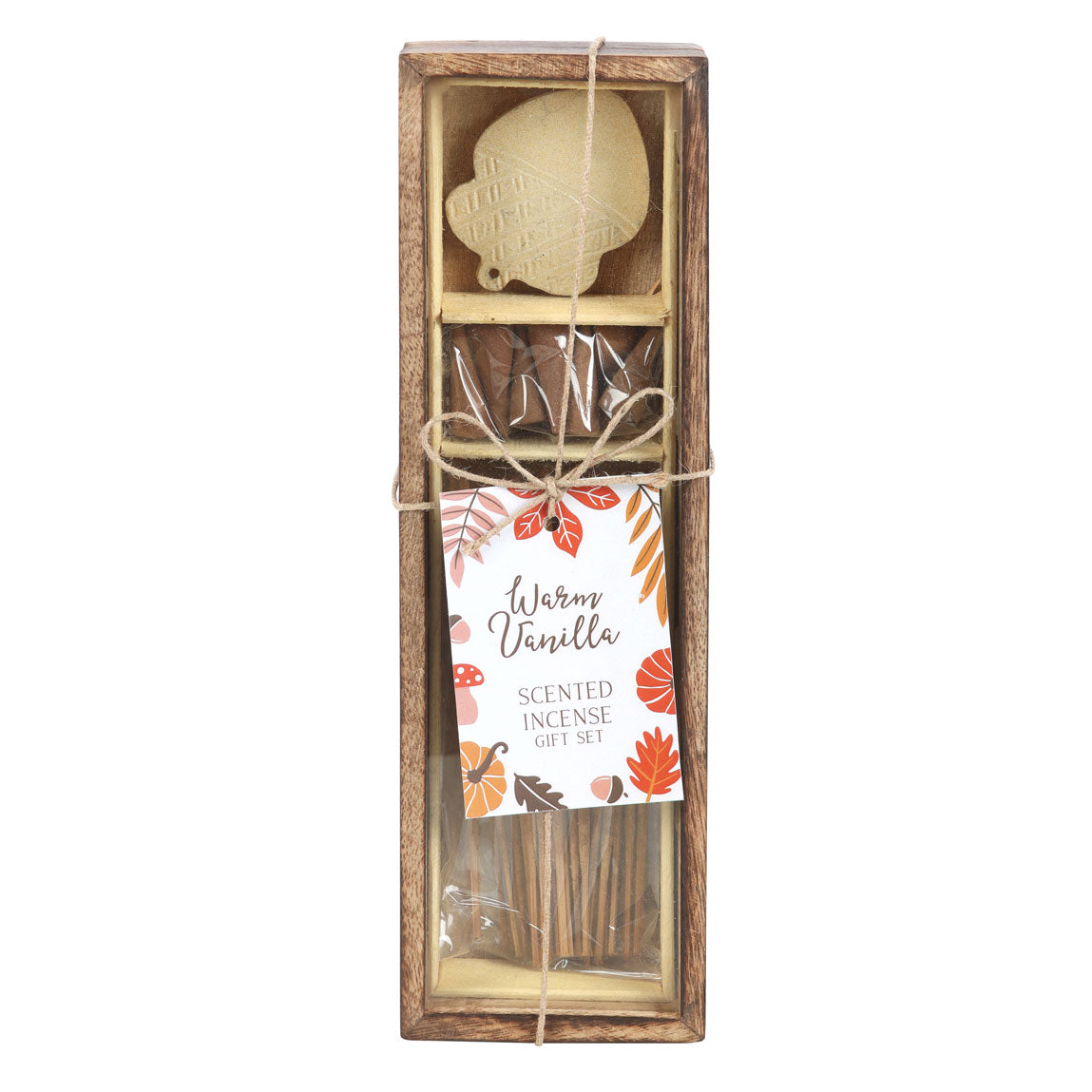 Scented incense gift set with wooden packaging, incense sticks, and a decorative card on a white background.