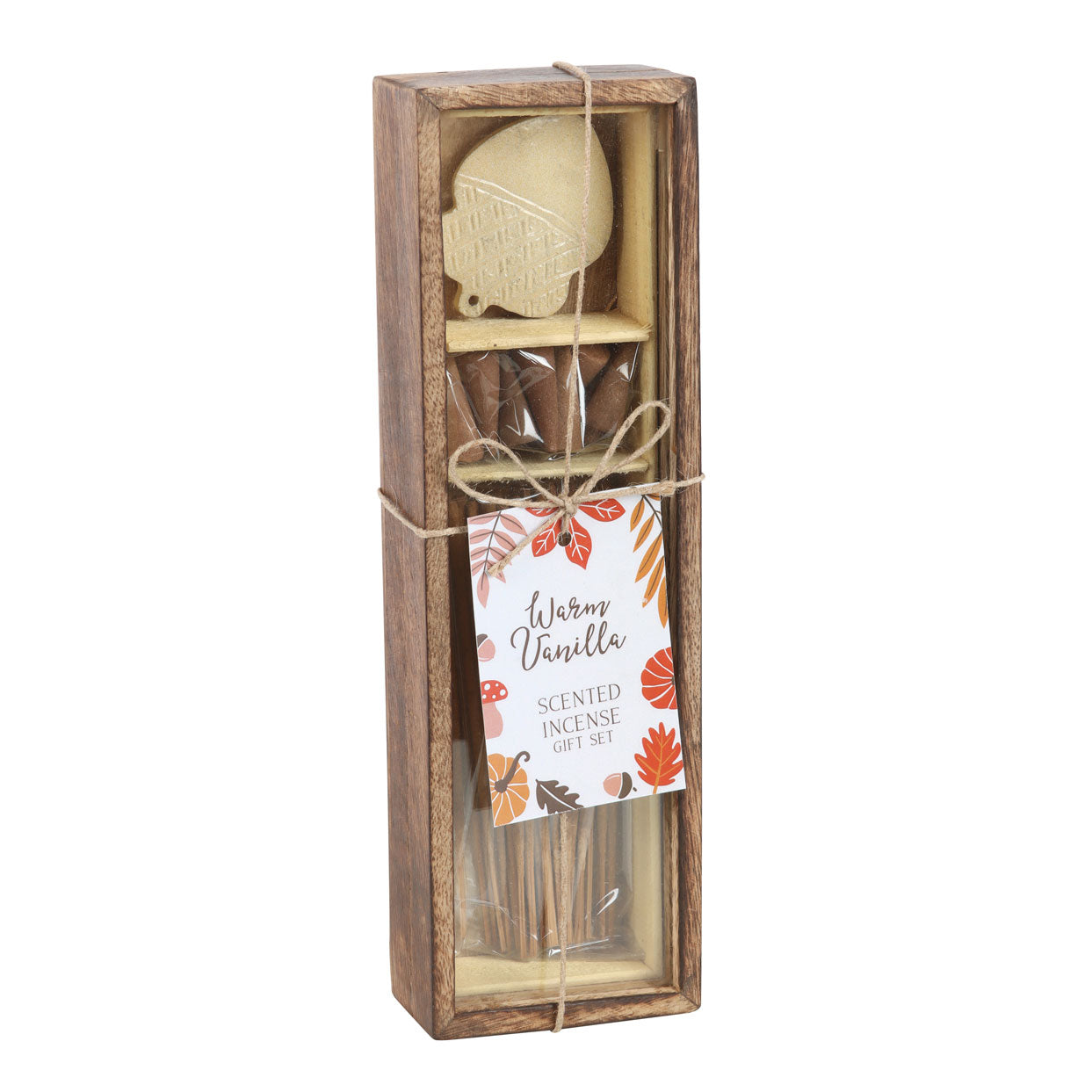 Scented incense set with a wooden box, including an incense stick holder and label.